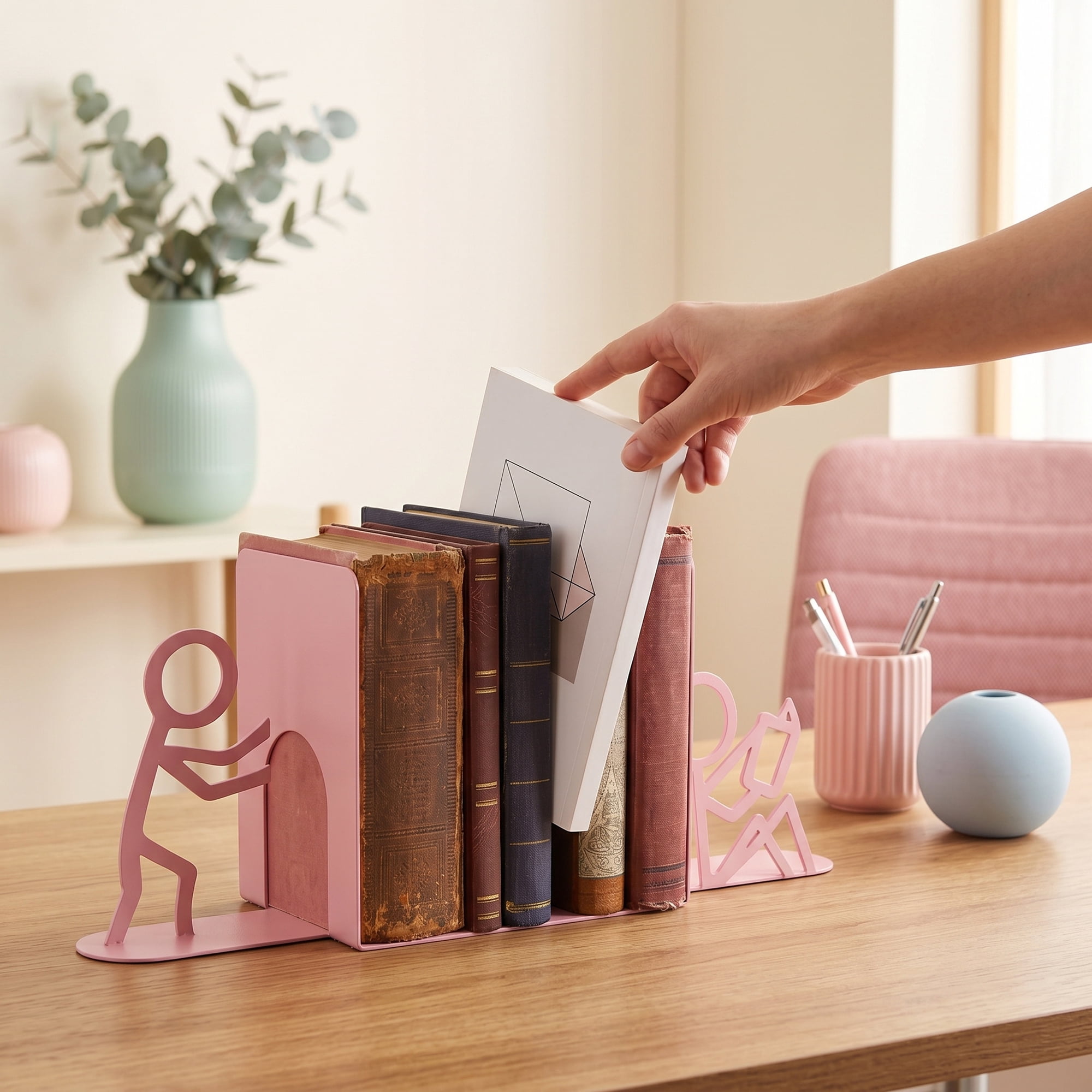 Unique Bargains 2Pcs Decorative Metal Minimalist Humanoid Book Ends Pink 3.1*2.5*7.7inch