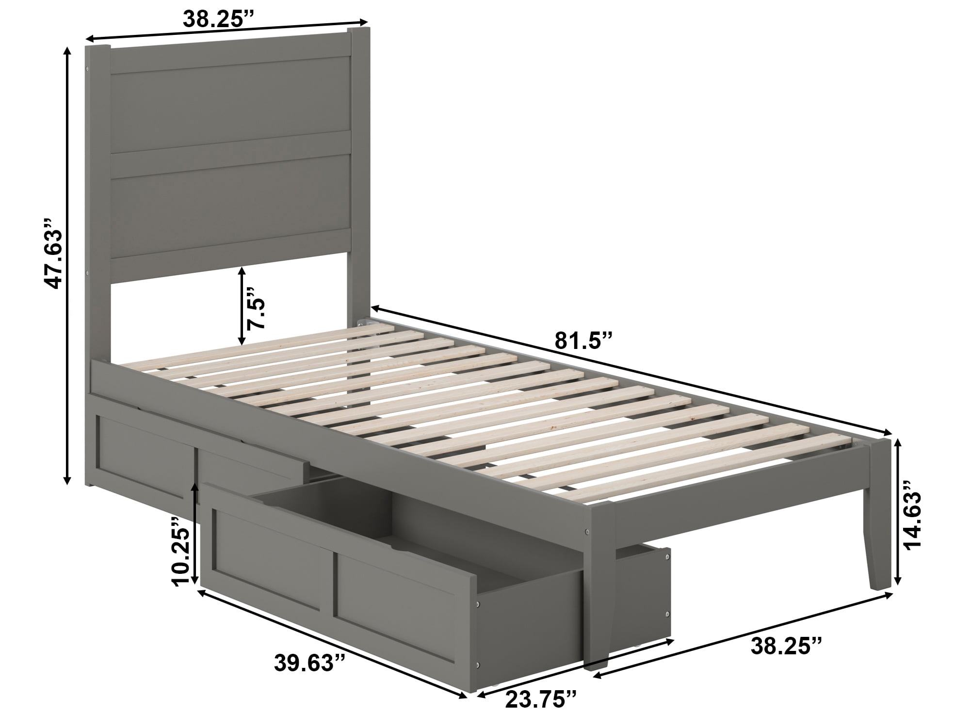 AFI NoHo 14" Twin XL Wood Platform Bed Frame with Set of 2 Storage Drawers, Grey