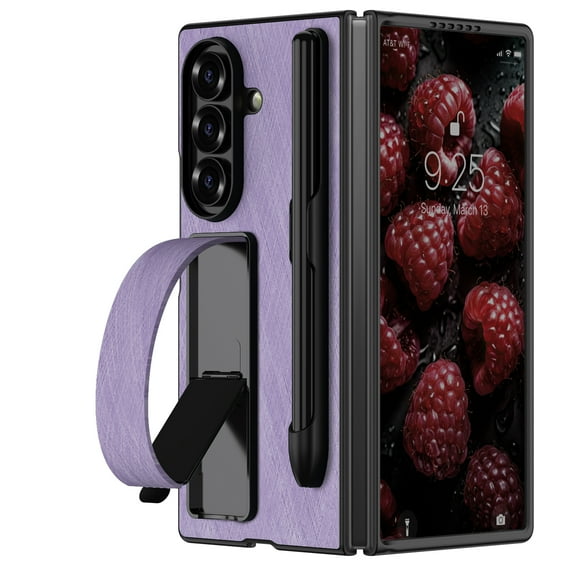 Dteck Case with Pen Holder for Samsung Galaxy Z Fold 5,Slim Leather Case with Wrist Strap Stand PC Cover with Pen Stylus for Galaxy Z Fold 5,Purple