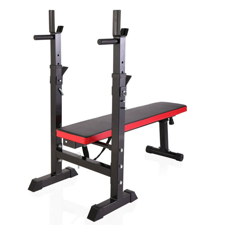 Adjustable Folding Multifunctional Workout Station Workout Bench with Squat Rack Black Red