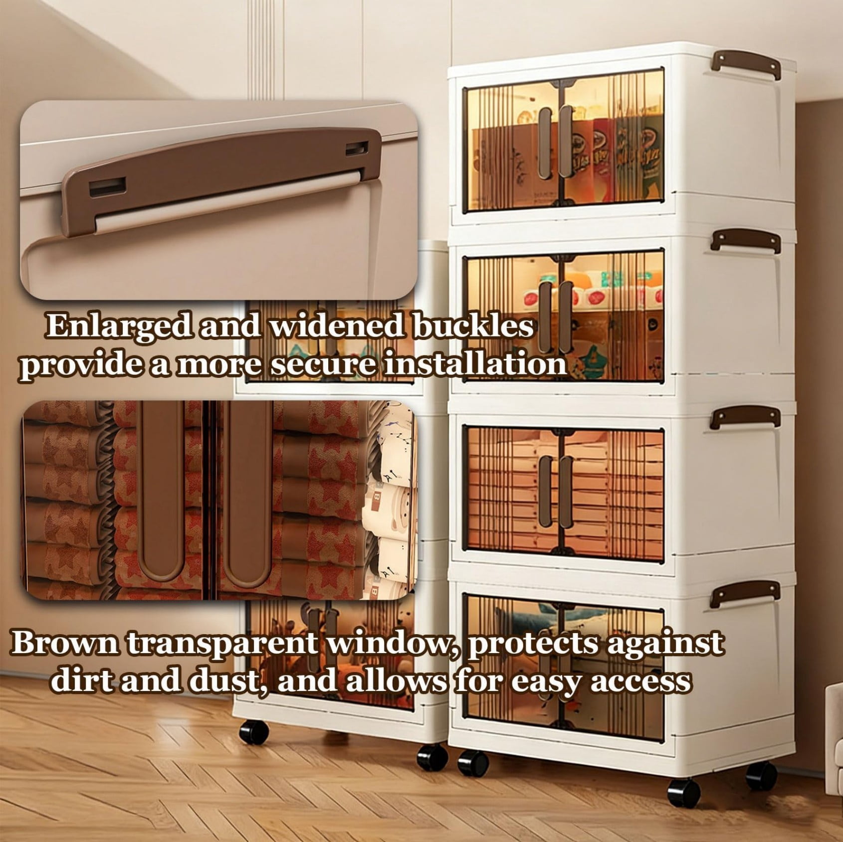 28"H Stackable Storage Cabinet with Doors & Wheels, Adjustable 3 Tier Plastic Organizer Bin for Home, Office, Garage Storage, White