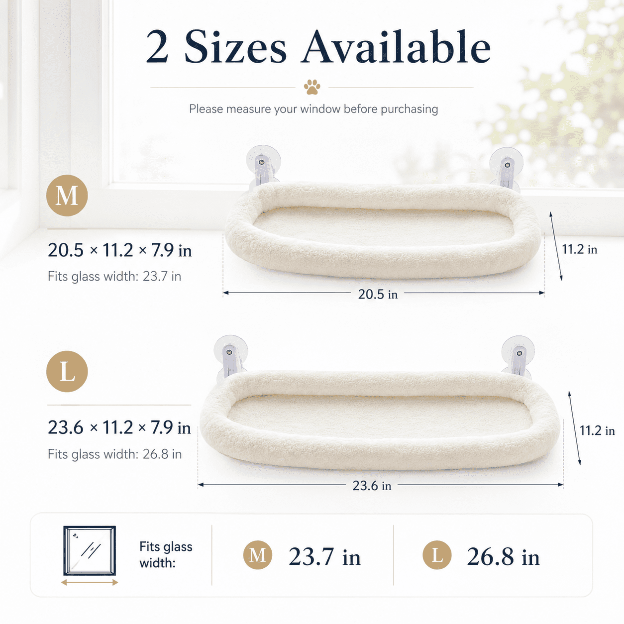 L&W BROS. Cat Window Perch with Soft Cushion, Foldable Cat Window Hammock Hold up 50 lb, Machine Washable, Easy to Assemble, White