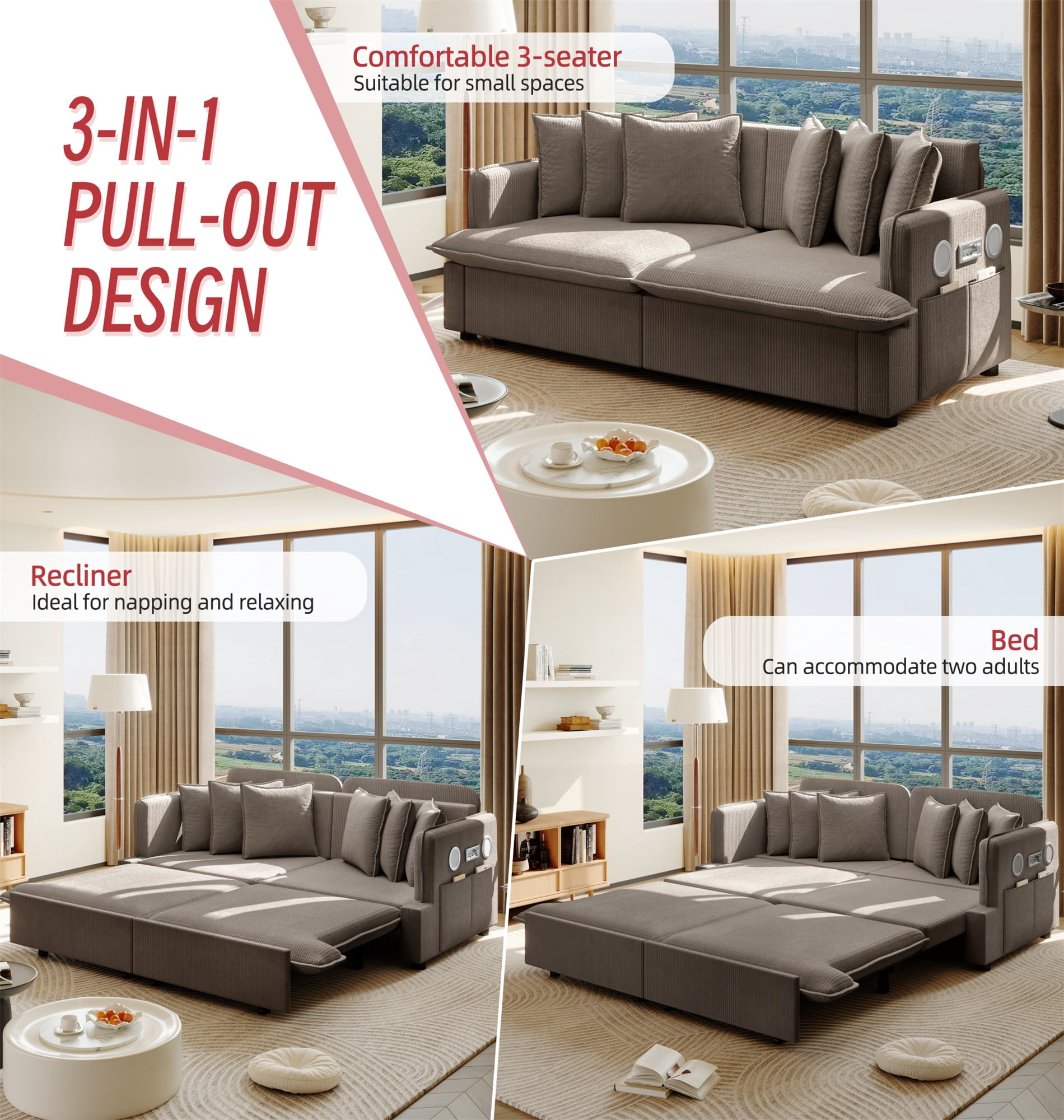 Alvantor 3 in 1 Convertible Sleeper Sofa Bed, 68" W Pull Out Sofa Bed with Bluetooth Speakers, USB Ports for living room, Apartment, Brown