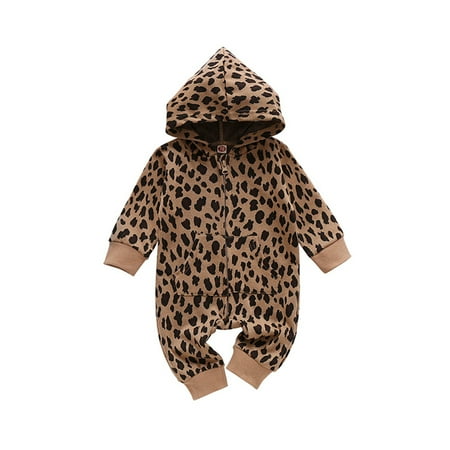 

TheFound Autumn Winter Infant Baby Girl Leopard Hooded Long Sleeve Romper Zipper Jumpsuit Bodysuit Outfits