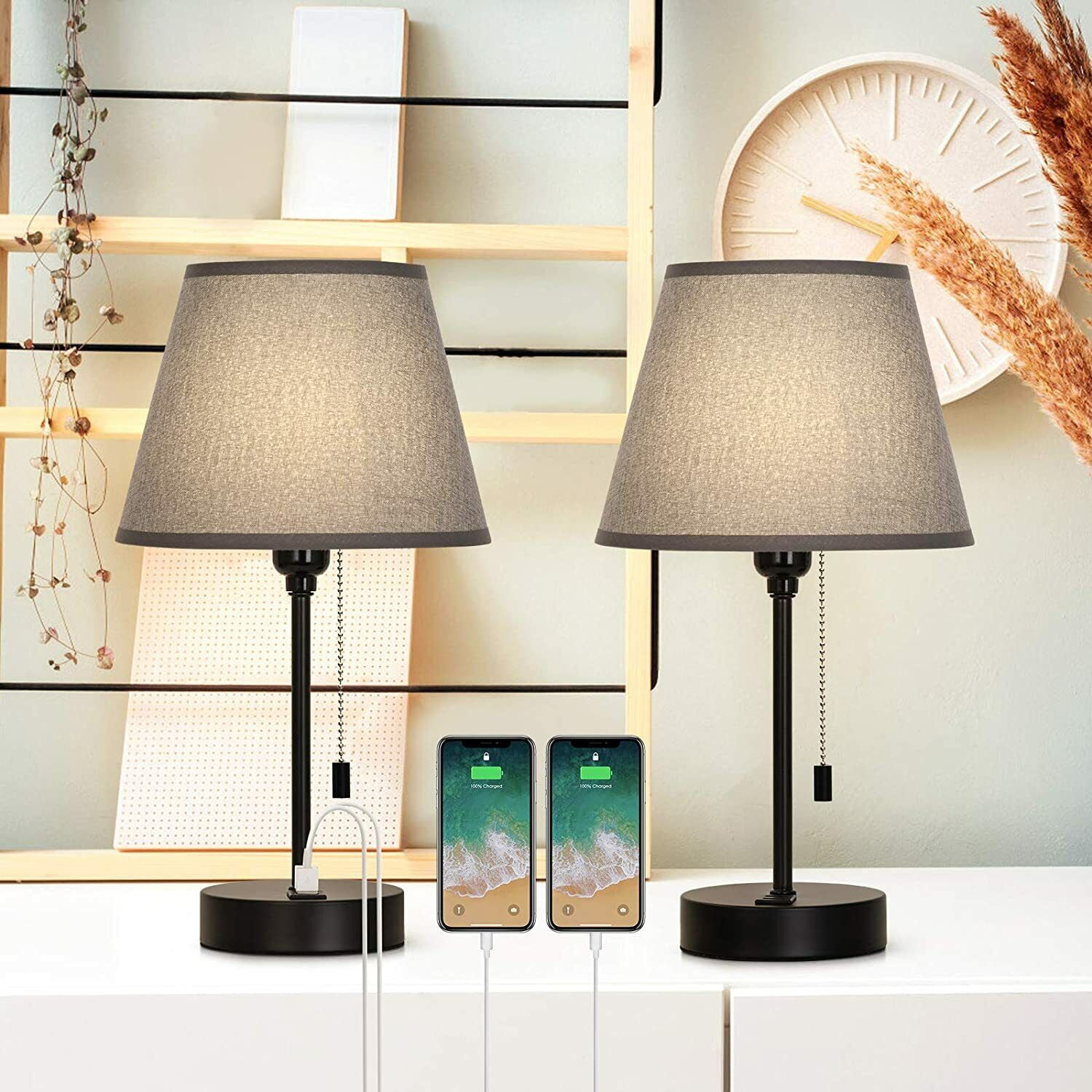 Set of 2 Bedside Table Lamps Dual USB Nightstand Lamps for Bedroom Living Room