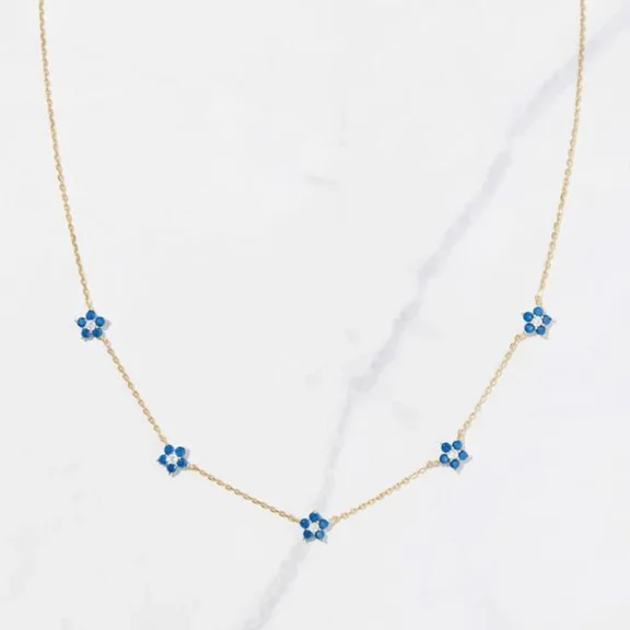 Lab-Created Blue Topaz 5-Flower Station Necklace – 14K Gold Plated Silver
