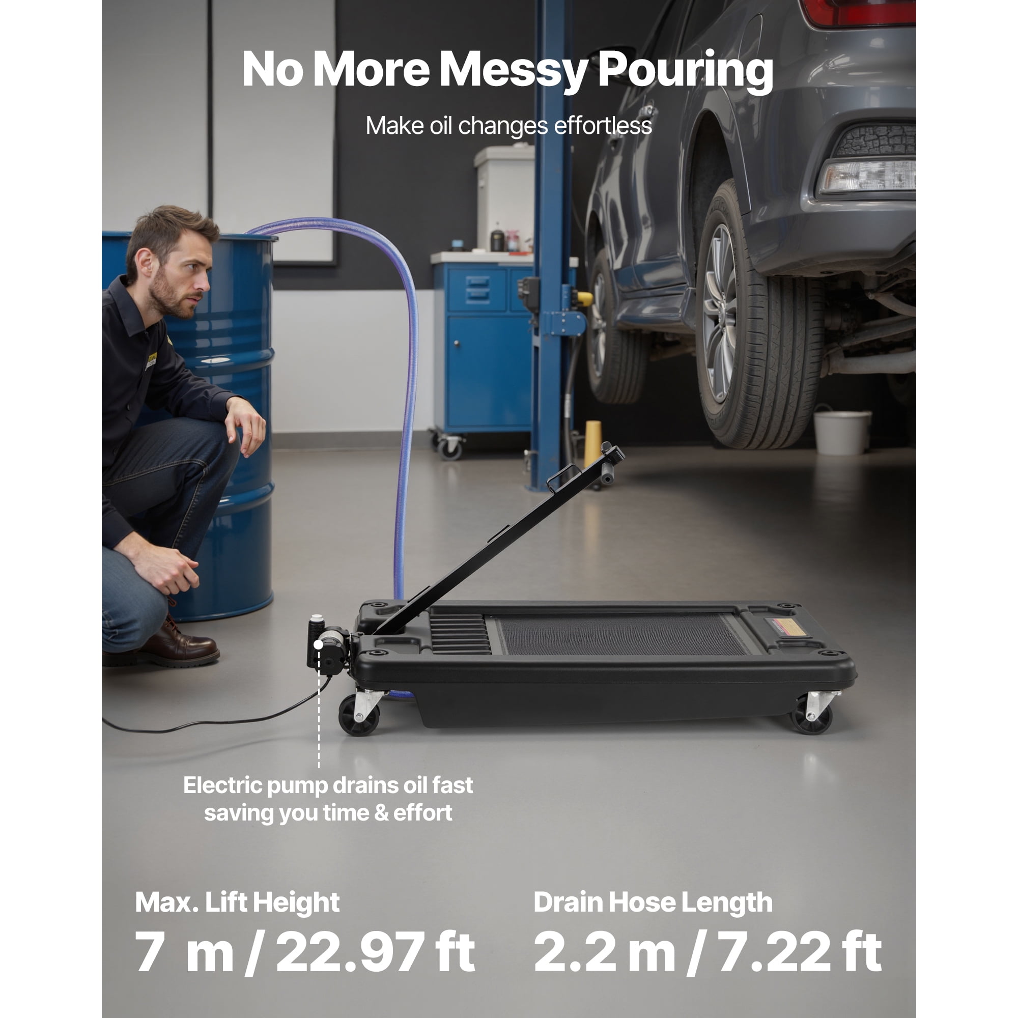 KFFKFF 17-Gallon Low Profile Oil Drain Pan with Electric Pump, Rolling Design, 7.2 ft Hose & T Folding Handle, Durable and Leak-Resistant, Suitable for Cars, SUVs, Trucks, and ATVs, Black