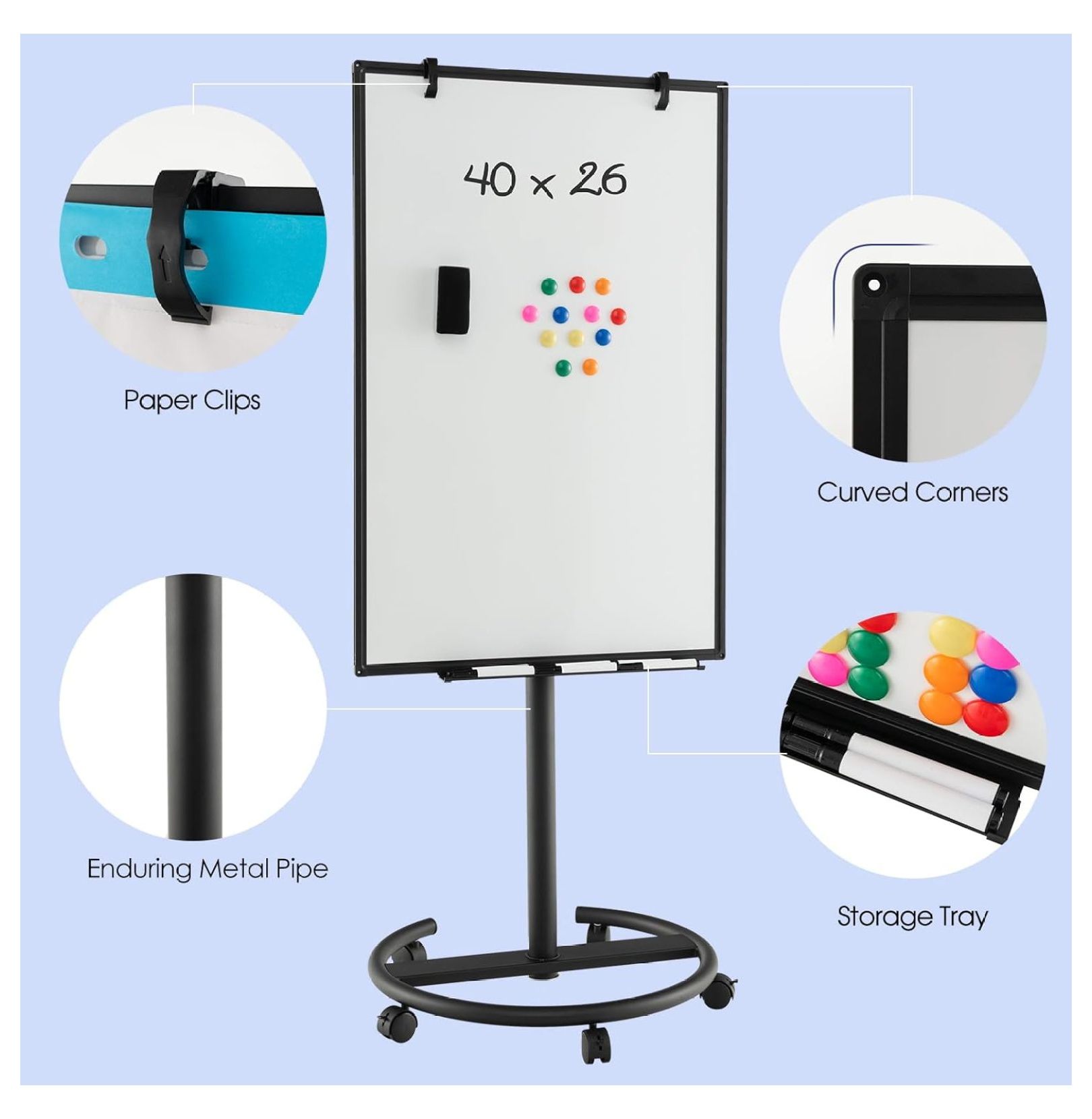 Mobile White Board Dry Erase, 40x26” Rolling Magnetic Whiteboard W/Adjustable Stand, Dry Whiteboard Eraser, 2 Flipchart , 25 Sheets Paper Pad, 6 Markers, Standing Portable White Board