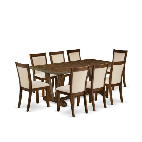 East West Furniture 9-Piece Dining Room Set Includes a Dinner Table and 8 Light Beige Linen Fabric Upholstered Chairs with Stylish Back - Distressed Jacobean Finish