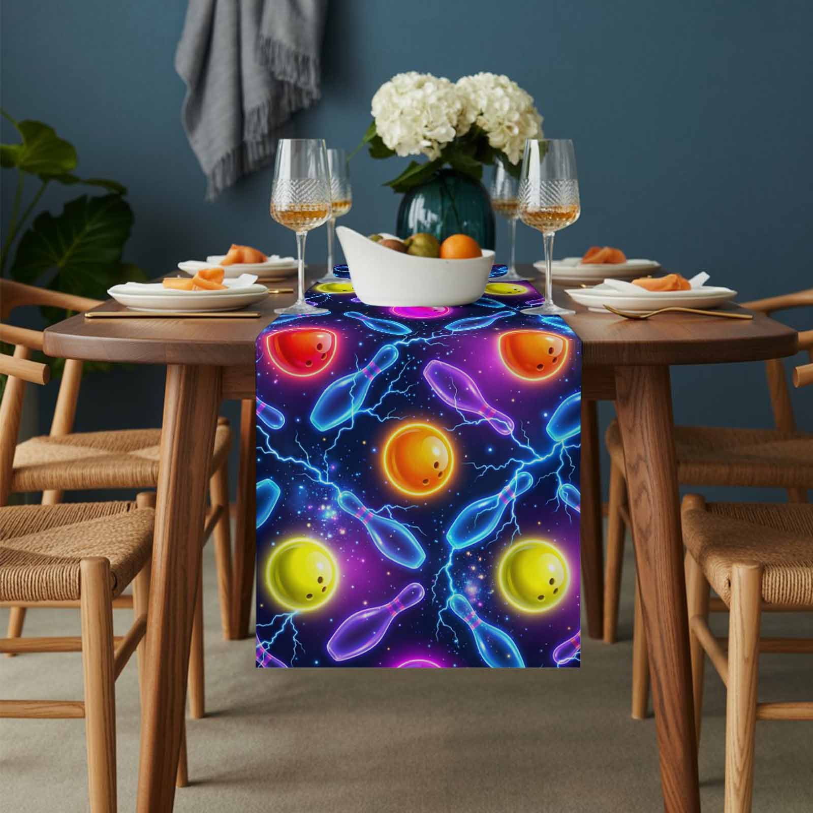 Bowling Table Runner 16 x 72 Inch, Purple Blue Yellow Bowling Balls Bottles Sports Black Washable Cotton Linen Dining Table Runner Tabletop Decorations for Restaurant Home Kitchen Party