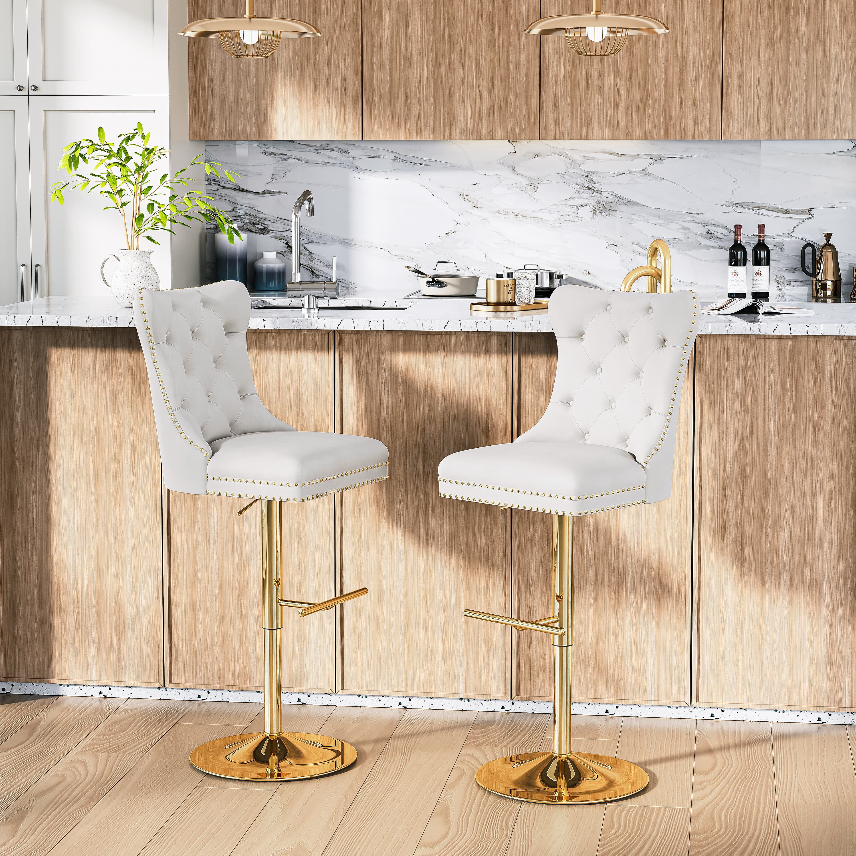 Modern Velvet Bar Stools Set of 2 Adjustable Swivel Counter Height Chairs with Upholstered Back and Nailhead Trim for Home Pub Kitchen Island