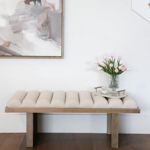 Linen Upholstered Entryway Bench, Modern Dining Room Bench with Channel Tufted Seat, Walnut Wood End of Bed Bench Comfy Ottoman Bench, 47 Inch Window Bench for Bedroom/Living Room, Beige