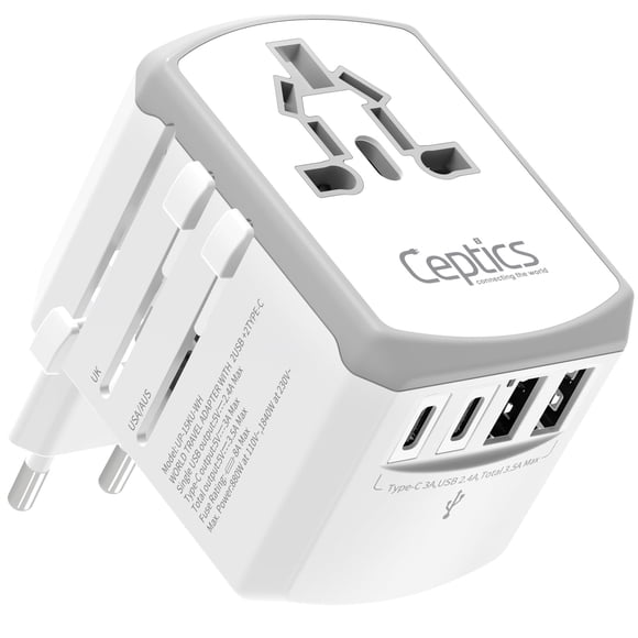 Ceptics Universal Travel Adapter 17.5W, 5 in 1 Universal Laptop Charger with 2X USB-A & USB-C 3.5A for Mobiles, Laptops, Cameras U