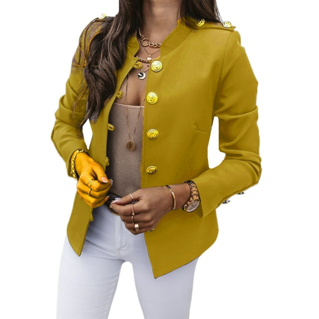 Innerwin Business Jackets V Neck Women Blazers Work Solid Color Slim Fit Cardigan Jacket Yellow 3XL