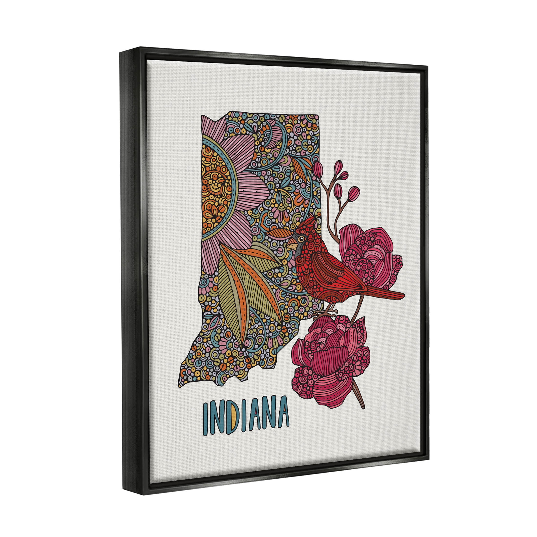 Stupell Industries Indiana State Bird Florals Graphic Art Jet Black Floating Framed Canvas Print Wall Art, Design by Valentina Harper