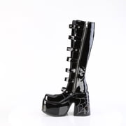 Demonia CAMEL-223 Women's 5 Block Heel Open Front Knee High Platform Boot with Spider Web Buckle Strap