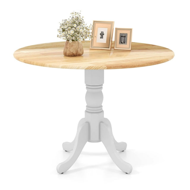 Costway 4-Person Dining Table Wooden Kitchen Table with Solid Rubber Wood Frame for Kitchen White&Natural