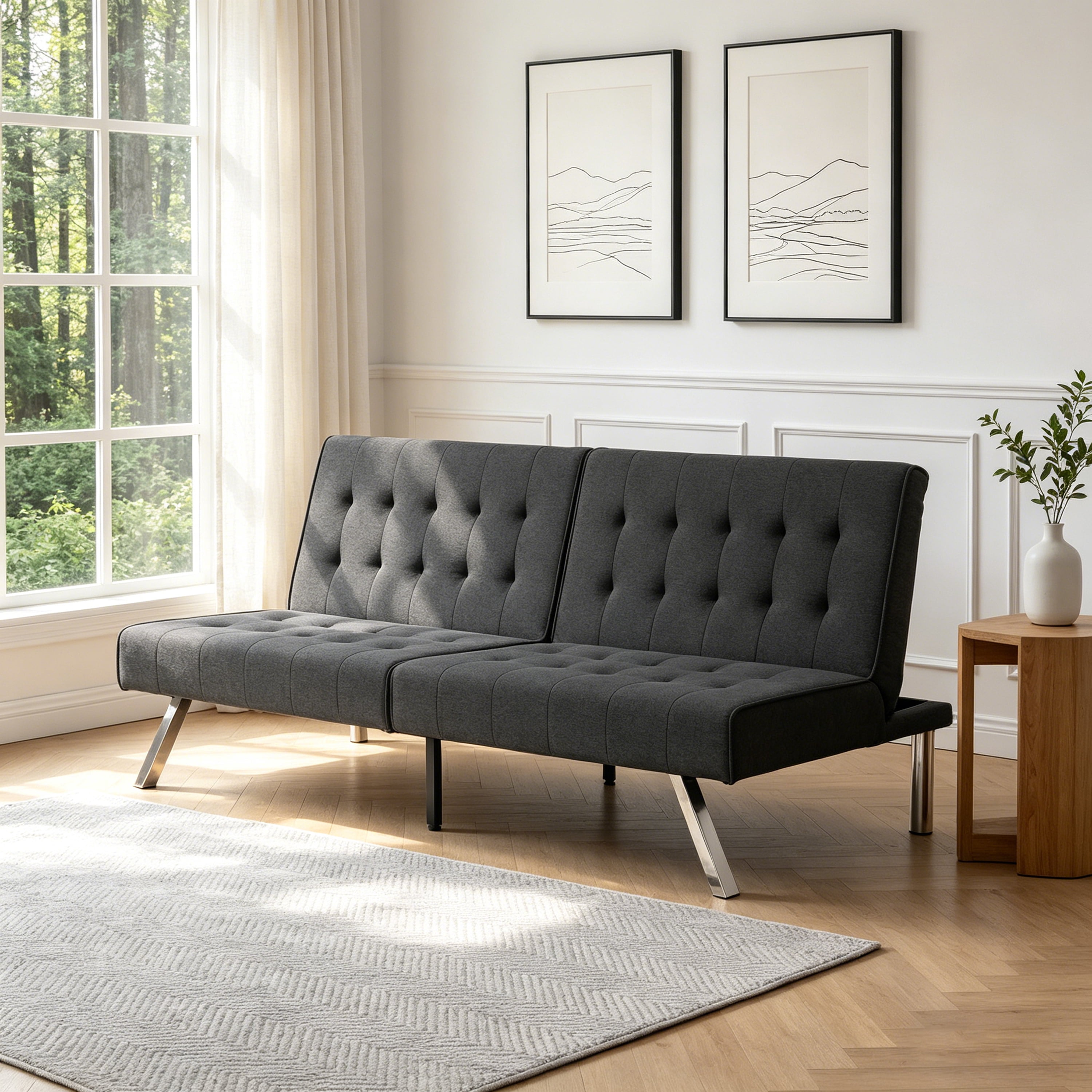 ASINMAK Convertible Sofa Bed Adjustable Couch Sleeper, Fabric Loveseat Futon Bed with Breathable Chenille, Metal Legs, and Adjustable Lounge - Perfect for Compact Living Space - Black