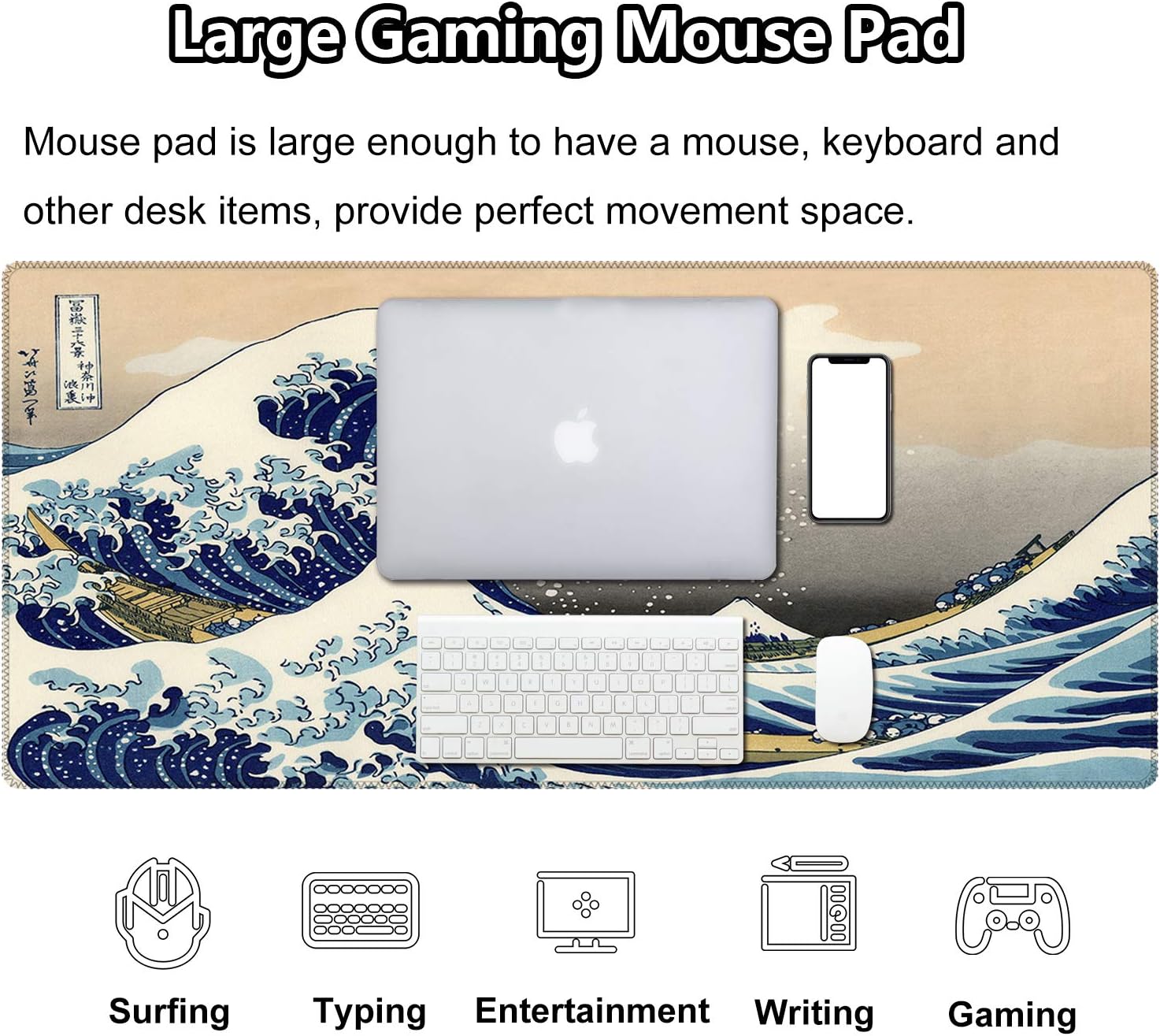 Dark Wave Large Gaming Mouse Pad (35.4×15.7 in, 3mm Thick), Non-Slip Rubber Base and Reinforced Lock Edges, XXL Extended Mousepad for Work, Game, Desk mat, Desktop Decoration