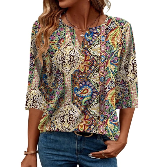 TEMOFON Women's Boho Print 3/4 Sleeve Tops V Neck Tunic Blouses Dressy Casual Shirts Summer Lightweight Floral Paisley Pattern Tee