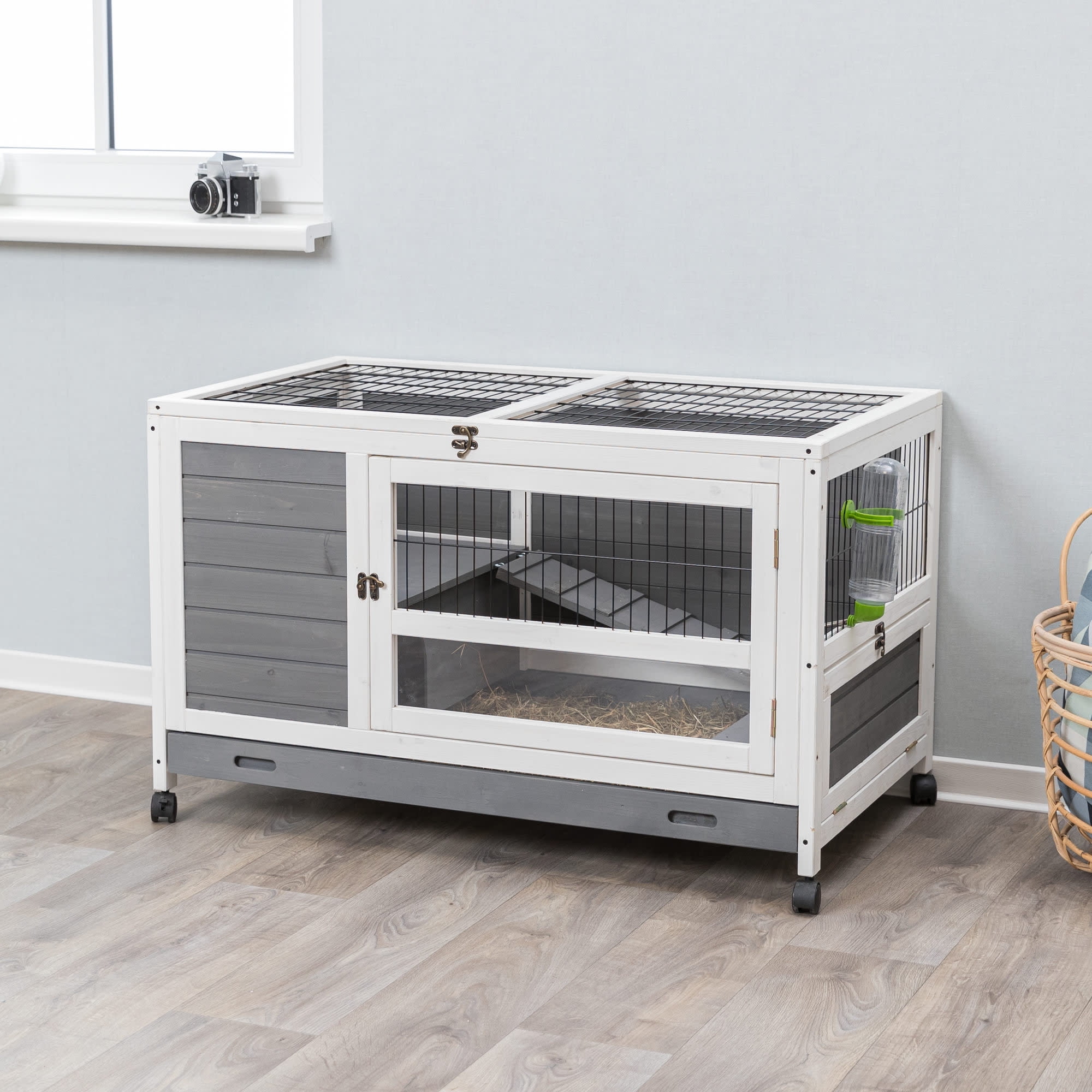 TRIXIE Mobile Indoor 1-Story Wooden Small Animal Cage with Wheels & Pull-Out Tray, Gray