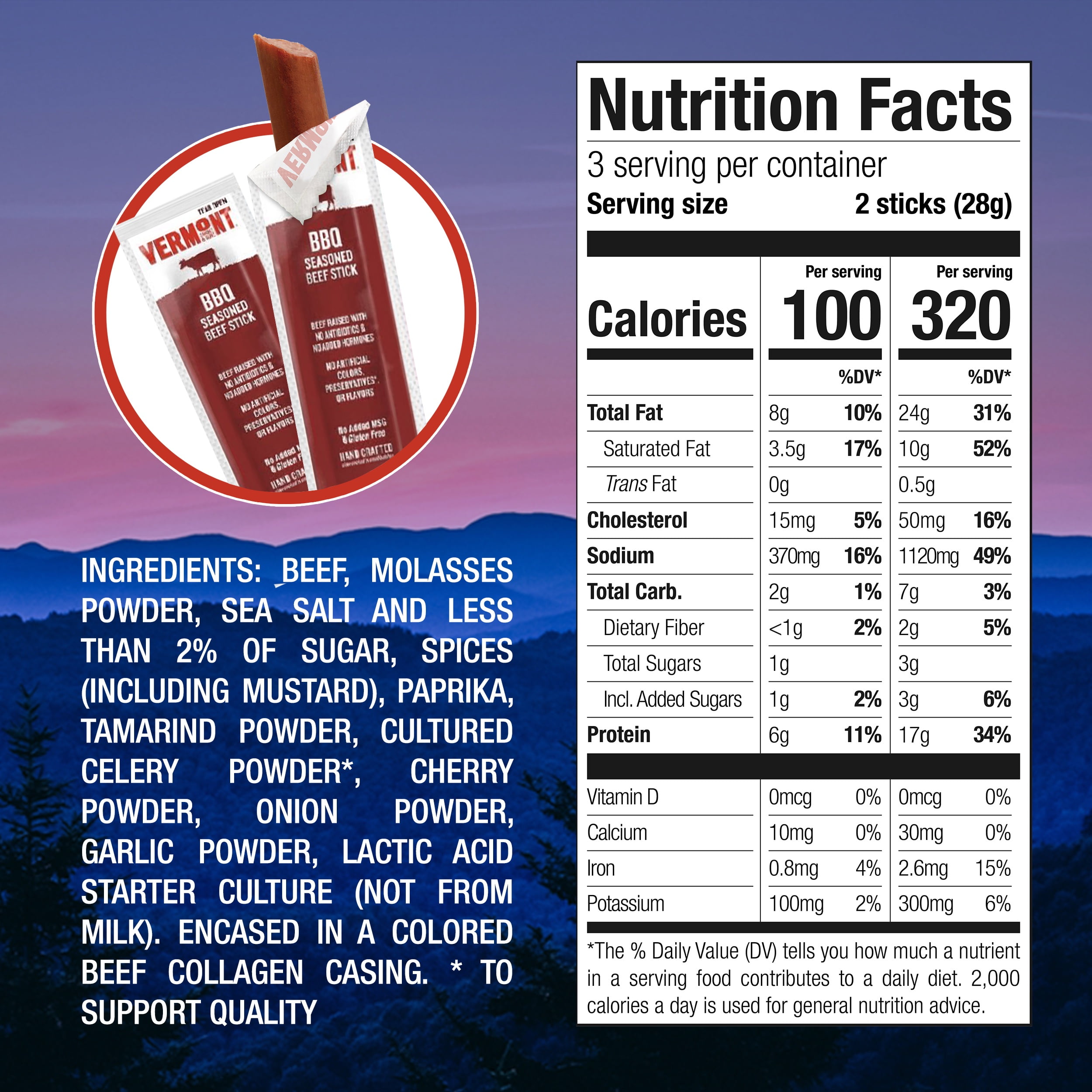 Vermont Smoke & Cure BBQ Seasoned Mini Beef Sticks .5oz Individually Wrapped Protein Snacks 8 Pouches