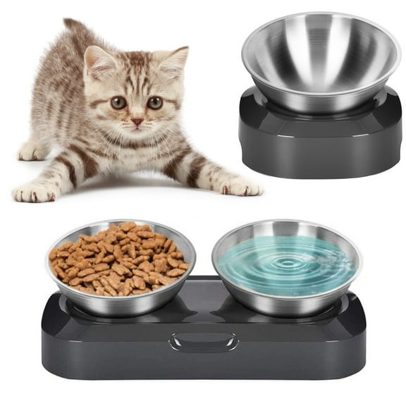 Pet Elevated Bowl, HTOCINQ Single/Double Dog Cat Bowls, Stainless Steel Puppy Food Water Feeder Bowls, Adjustable Tilted Pet Feed Bowls