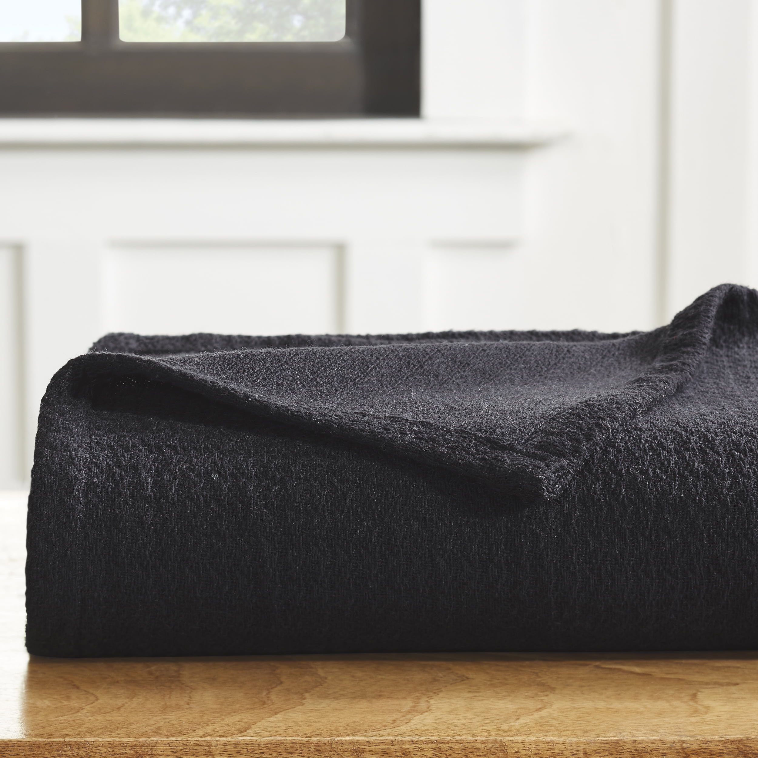 BNM Waffle Weave Honeycomb Knit Cotton Blanket, King, Black