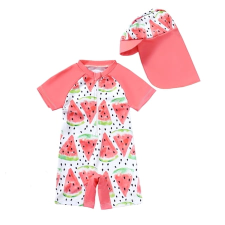 oqasdz Girls Swimsuits 2 Piece Set Cute Ice Watermelon Print Sun Protection Short Sleeve Bathing Suit with Swim Cap for Baby and Toddler