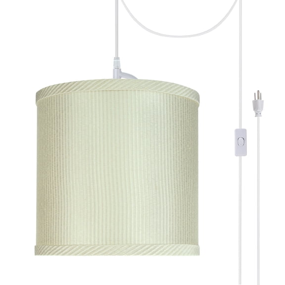 Aspen Creative 71059-21 One-Light Plug-In Swag Pendant Light Conversion Kit with Transitional Drum Fabric Lamp Shade, Off White, 8" width