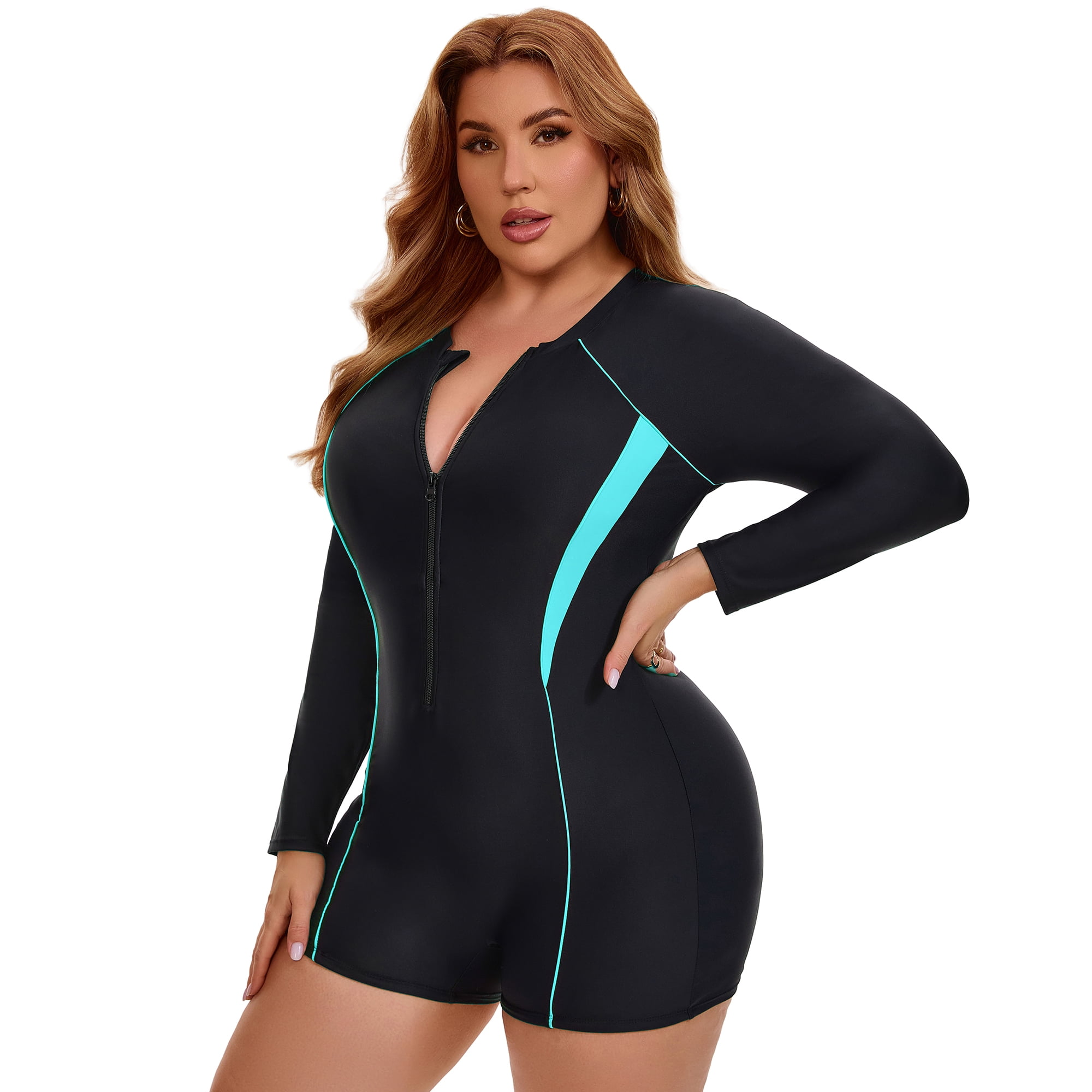 DARING DIVA Women's Plus Long Sleeve Surfing Bathing 1 Suit L Black Turquoise