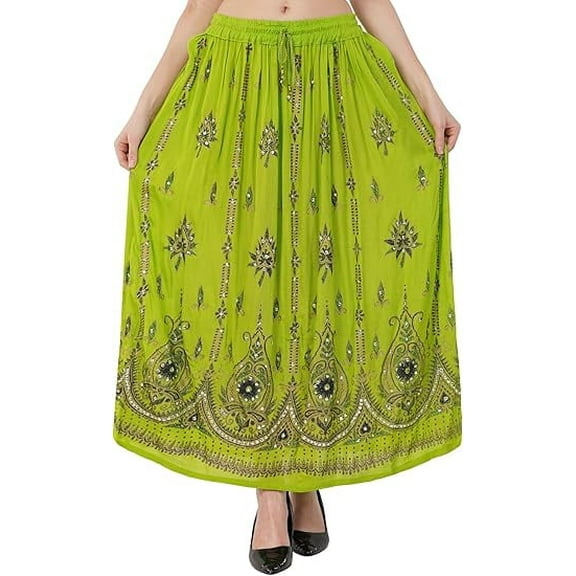 Women's Tie Dye Yoga Skirt with Sequined Crinkle Broomstick Gypsy Design Green