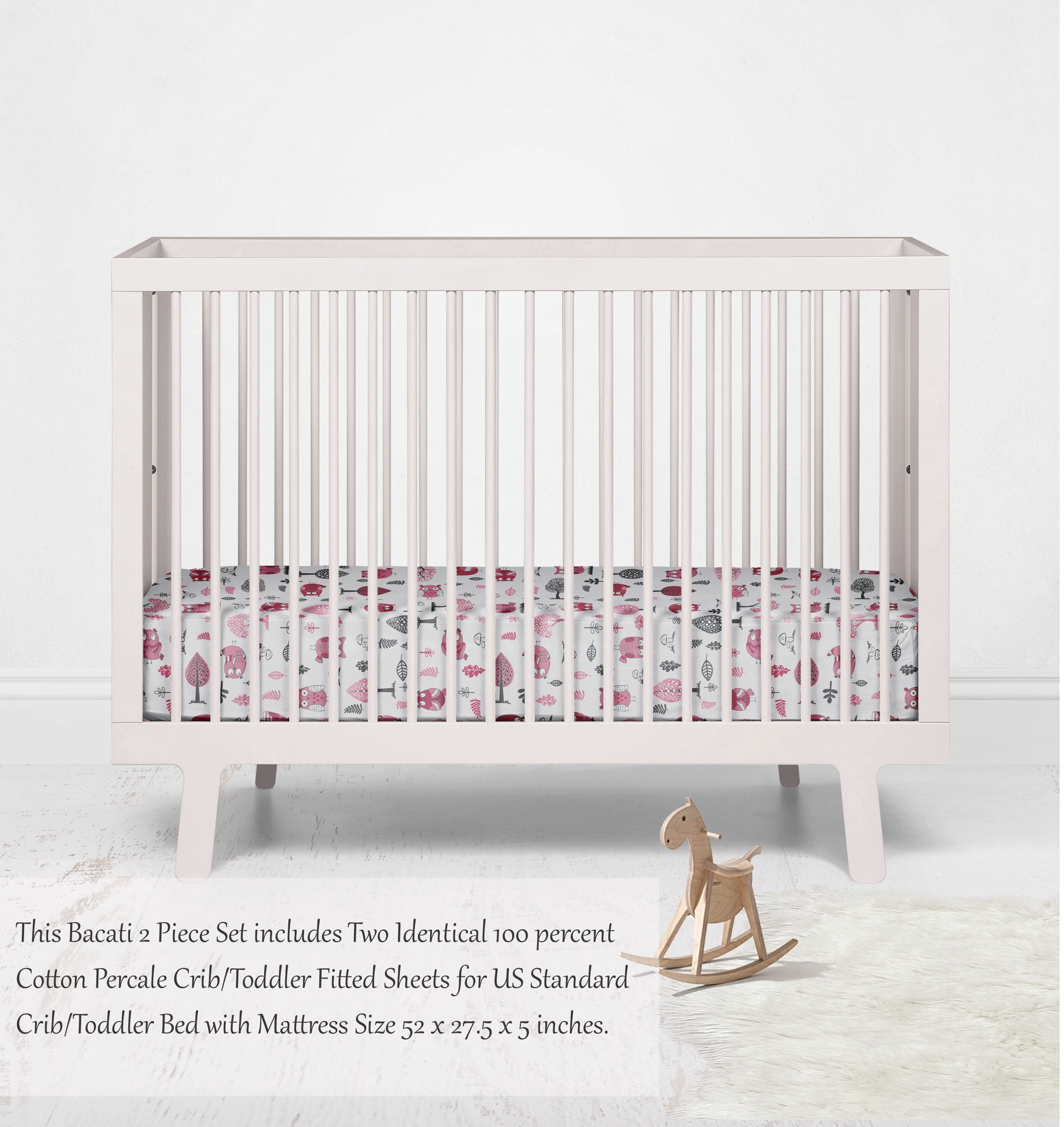 Bacati - Owls Pink/Grey Printed Crib Fitted Sheet