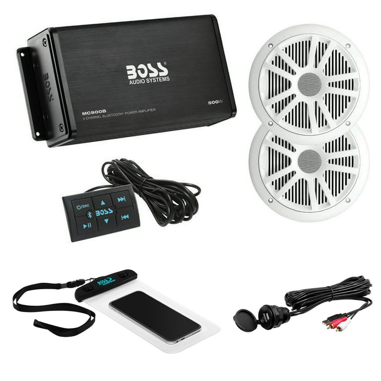 Boss Audio ASK904B.64 Marine Audio Amplifier, Speakers, USB Cable, & Phone  Pouch