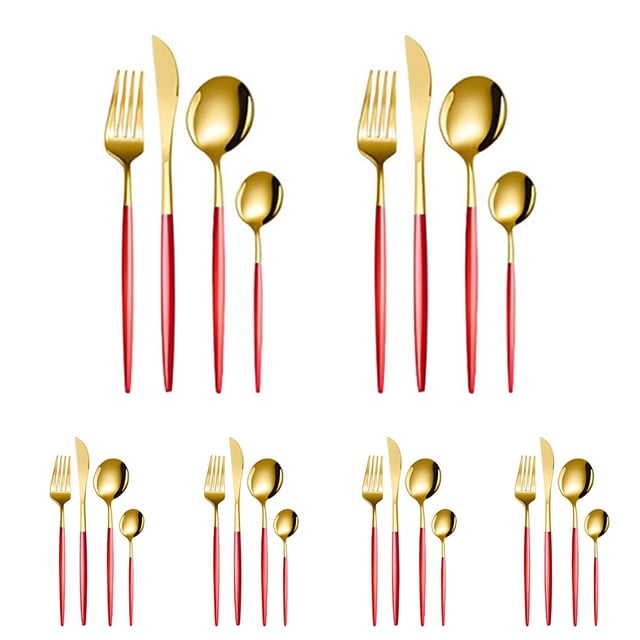 Juego de cubiertos dorados de 24 piezas, juego de cubiertos para 6, juego de cubiertos de acero inoxidable, incluye cucharas, tenedores y cuchillos, cubiertos de cocina para el hogar, la oficina, el