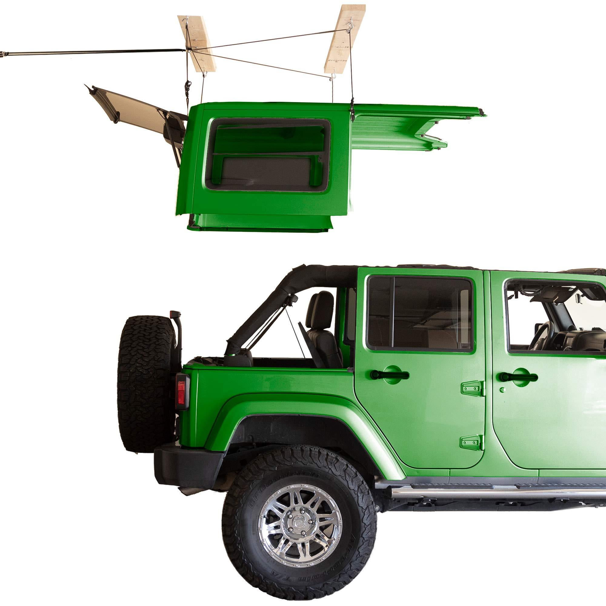 HARKEN - Hardtop Overhead Garage Storage Hoist for Jeep Wrangler and Ford  Bronco, Self-Leveling, Safe Anti-Drop System, Easy One-Person Operation,  (Bonus T Knobs for Quick Hard Top Removal 