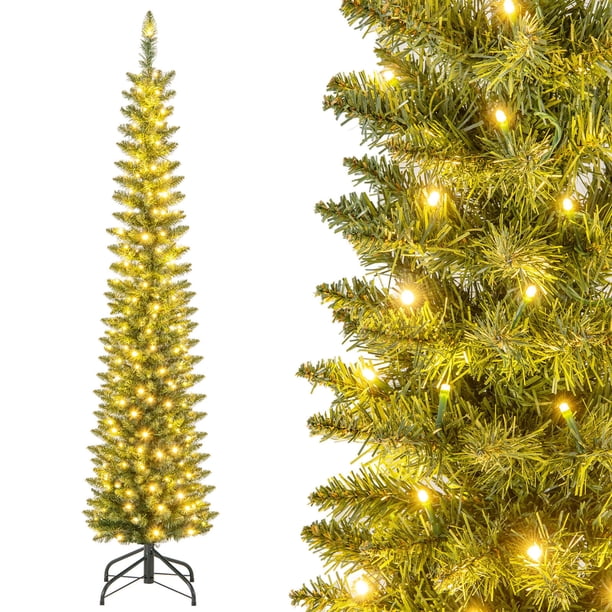 Costway Árbol de Navidad tipo lápiz preiluminado de 180 cm con 180 luces LED y 390 puntas de ramas para fiesta