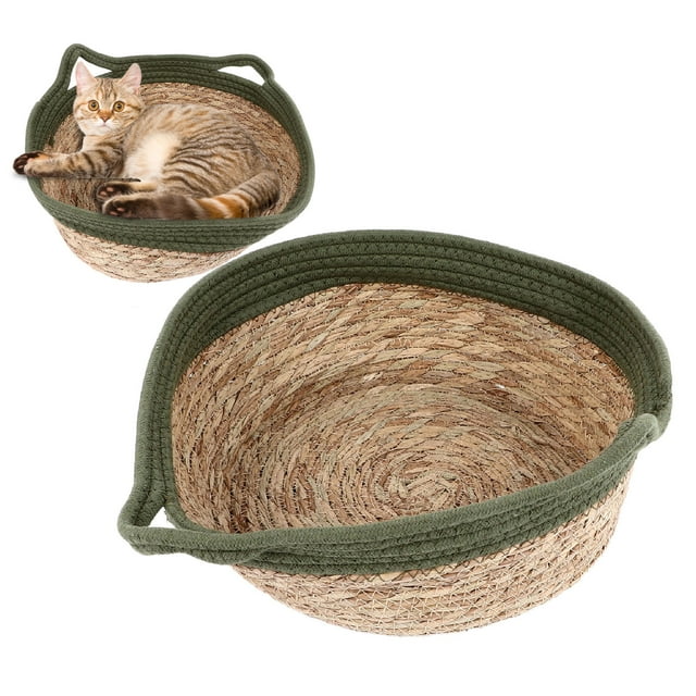 Straw Cat Basket Handwoven Breathable Soft Cat Bed Round Scratch Resistant Cat Basket for All Four Seasons