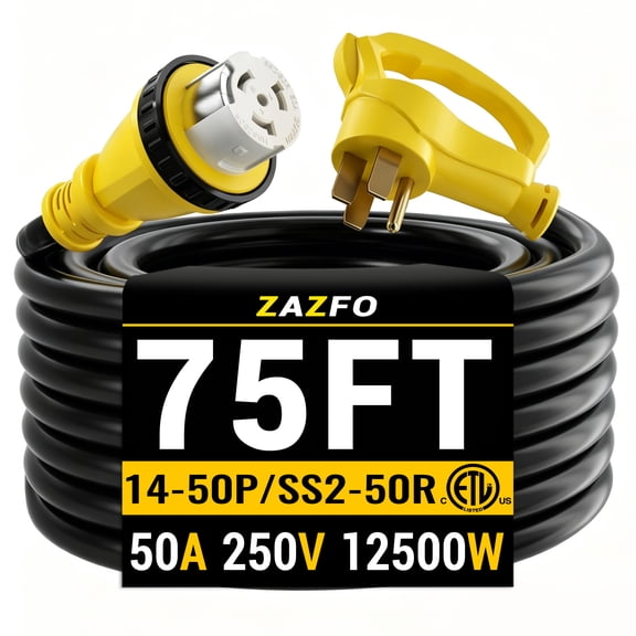 ZAZFO 75ft 50 Amp Generator RV Extension Cord, NEMA 14-50P to SS2-50R Twist Lock, Generator Cord for Hurricane Emergency Outdoor Home RV, Black-Yellow