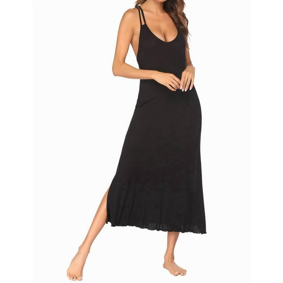 Dycnvjo Womens Cotton Long Nightgowns Spaghetti Strap V Neck Full Slip Sleep Shirts Black L