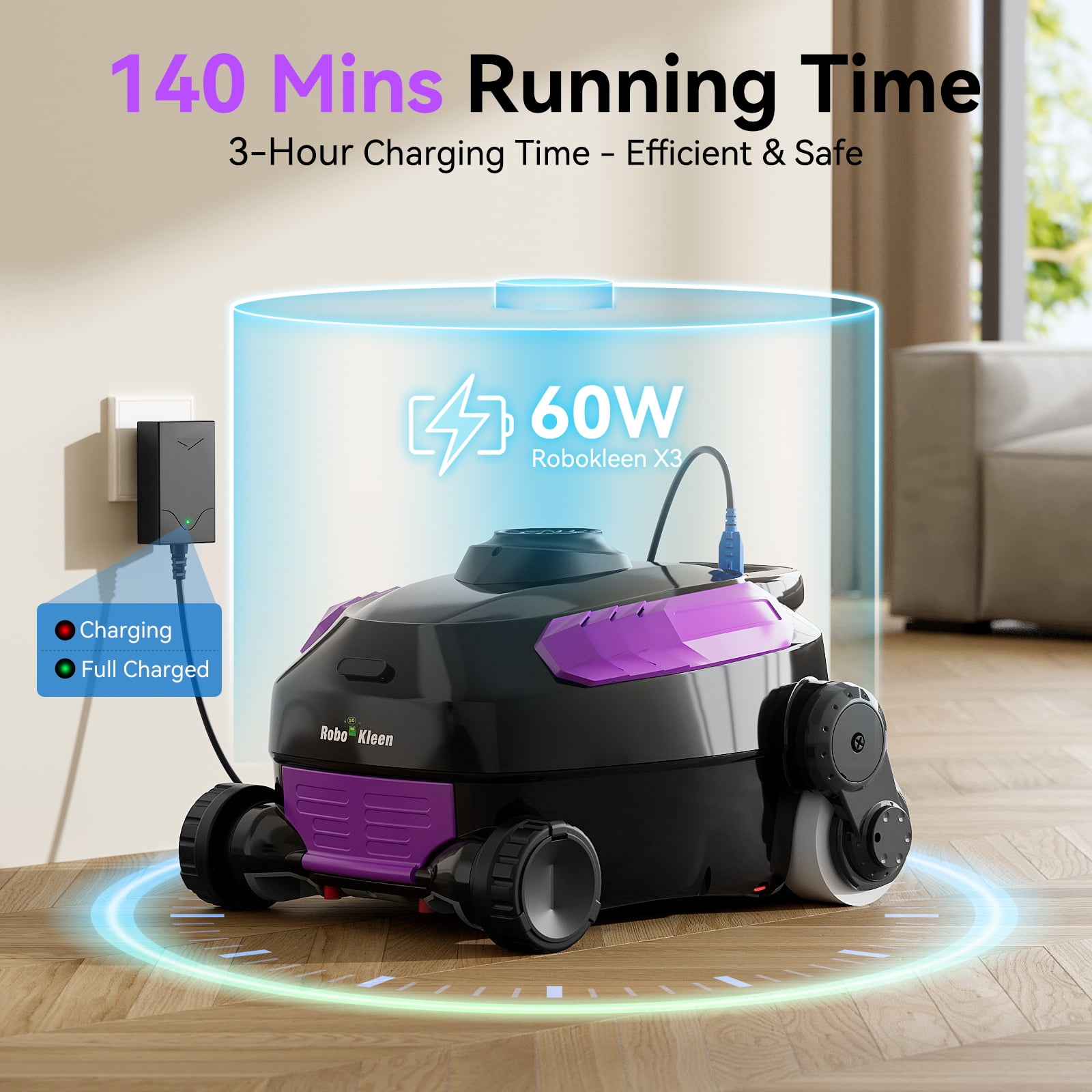 Robokleen RK-X3 Cordless Robotic Pool Vacuum Cleaner Wall-Climbing for In-Ground and Above Ground Pools, 140-Min Runtime,8L Large Capacity,Purple