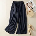 thumbnail image 2 of Olyvenn Womens Casual Palazzo Pants Boho Wide Leg Trousers Drawstring High Waist Floral Embroidery Loose Baggy Lounge Pants Navy L, 2 of 3