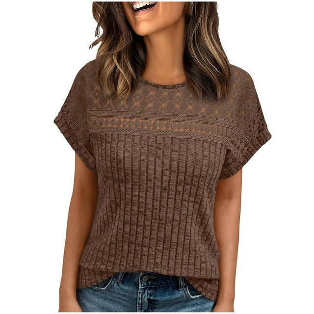 TaTaai 2026 Summer Women’s Ribbed Sheer Trim Tee Short Sleeve Loose Blouse Casual Solid Color Fashion Top Brushed Patchwork Polyester Daily Shirt Gift