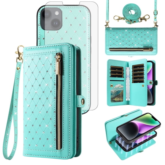 Asuwish Phone Case for iPhone 14 6.1 inch Zipper Wallet Detachable Cell Cover with Tempered Glass Screen Protector Crossbody Lanyard Strap Bling Glitter Flip Card Holder Slot i-Phone14 Women Green