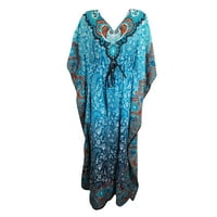 Mogul Women Aqua Blue Long Kaftan Dress Floral Print Tunic Long Maxi Kimono Caftan Gown Nightdress, Boho Beach Bikini Cover Up Maternity Plus Size