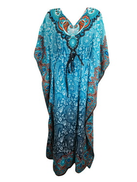 Mogul Women Aqua Blue Long Kaftan Dress Floral Print Tunic Long Maxi Kimono Caftan Gown Nightdress, Boho Beach Bikini Cover Up Maternity Plus Size