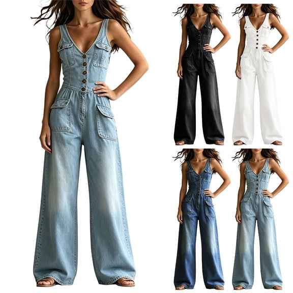 Kctiaxy Wide Leg Jeans for Women V Neck Button Tank Jumpsuit Solid Fashion Summer Casual Denim Pants