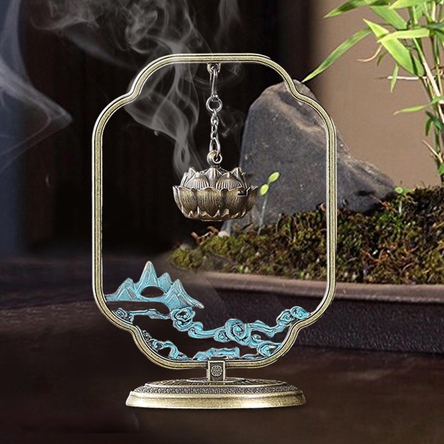 Quemador de incienso colgante de loto chino, artesanía de Metal, soporte de incienso de 4x1,7x6 pulgadas, adorno de mesa para sala de estar, tallado Estilo A Macarena Quemador de incienso