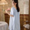 thumbnail image 2 of Defitshape Women's Cotton Nightgown Soft Short Pajama Dress Victorian Ruched Scoop Neck Short Sleeve Sleeping Shirt Summer Fall Frilly Hem Nightshirt Fall Comfy Sleepwear Light Blue X-Large, 2 of 4