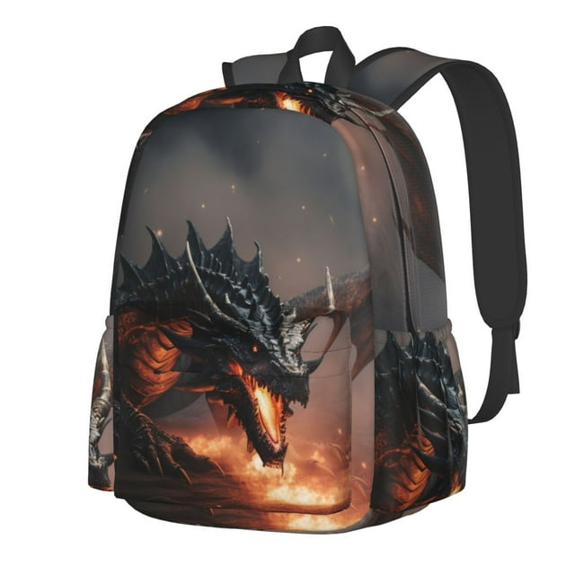 Kdxio Fiery Black Dragon Attack Print Backpack for Students Travel Hiking with Large Capacity Lightweight Design Adjustable Straps and Multi-Pockets
